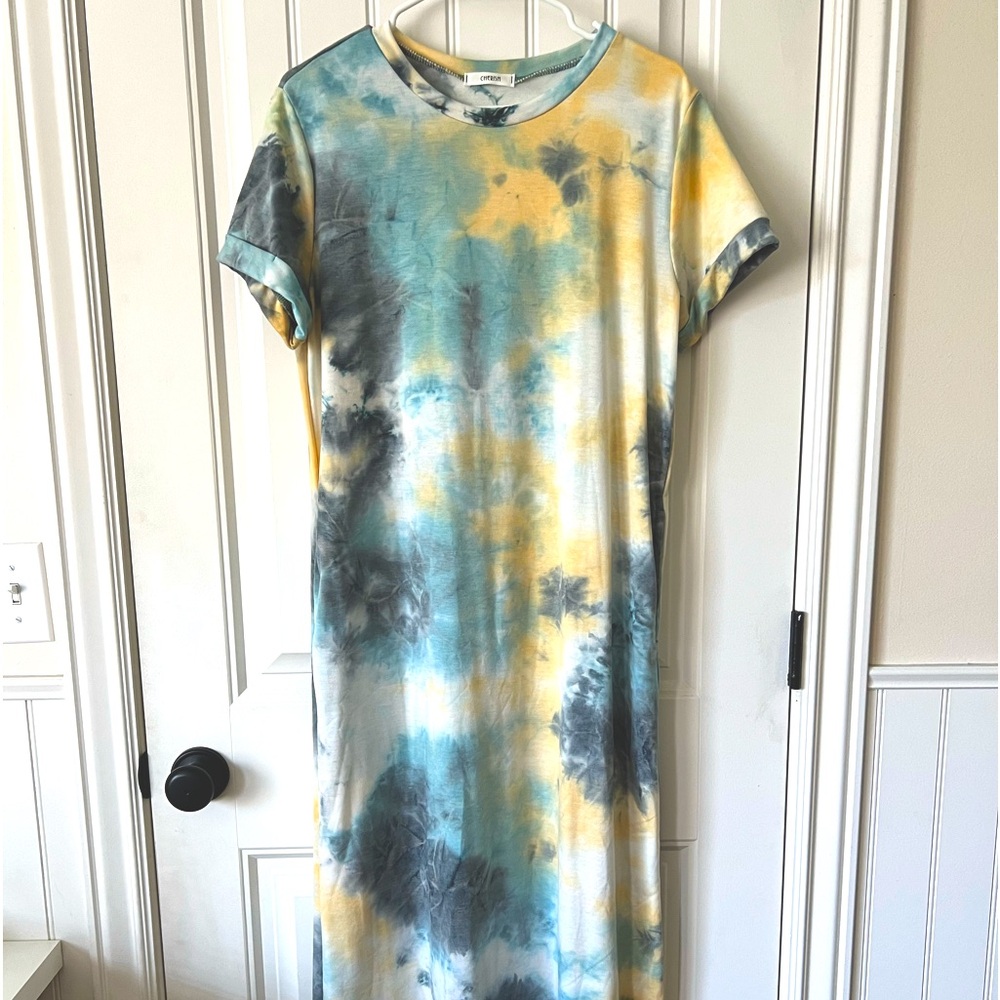 Cherish Tie-Dye Maxi Dress - Blue, Yellow, Gray